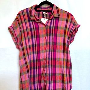 NWT BeachLunchLounge 100% Cotton Pink Plaid Short Sleeve Button Down.  Size L